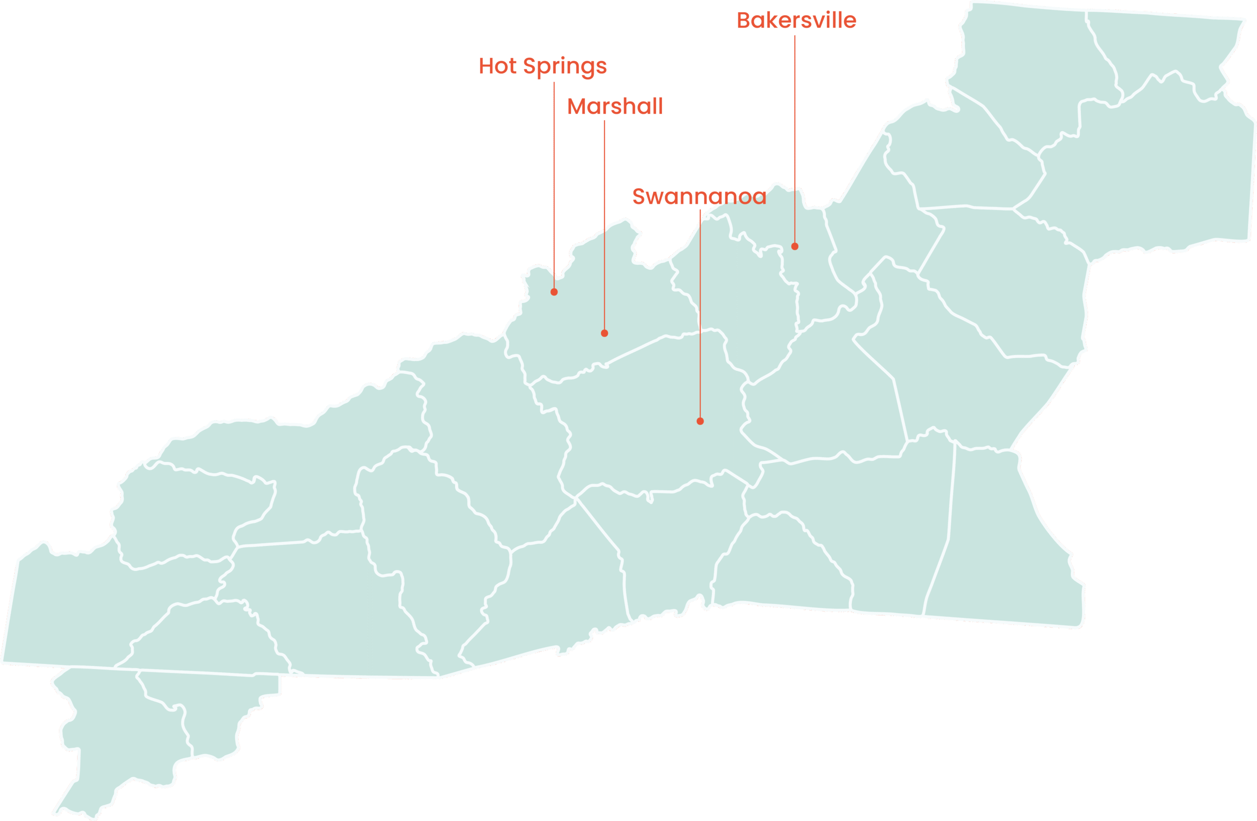 An illustrative map showing the 24 counties making up Western North Carolina along with Union and Towns counties in Georgia. Red dots call-out Bakersville, Hot Springs, Marshall, and Swannanoa, where ADC has active partnerships.