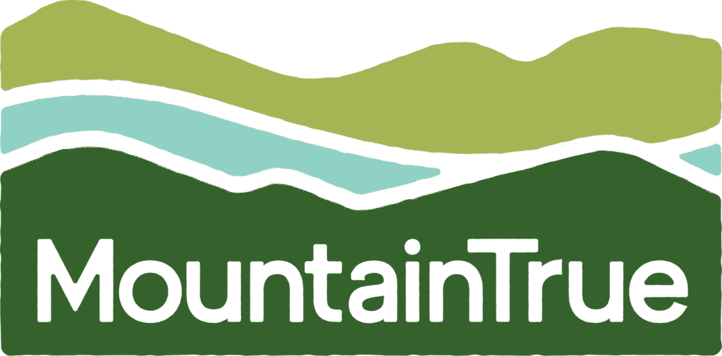 MountainTrue's logo containing the organization's name over dark green mountains, a light blue river, and medium green mountains in the background.